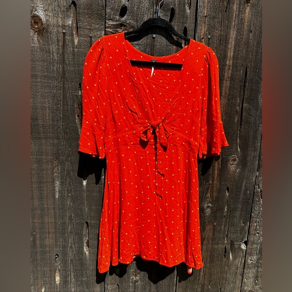 Free People All Yours Polka Dot V Neck Mini Dress in Red with Bow Detail - Picture 10 of 15